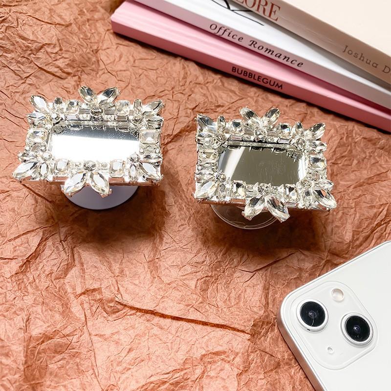 

Mobile Phone Airbag Holder Adhesive Type Retractable Japanese Korean Ins Luxury Rhinestone Square Mirror Back Sticker Portable Niche