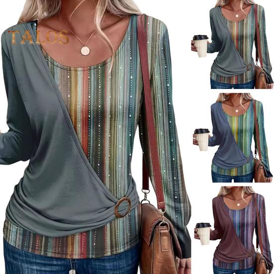 Damen-Oberteile, Rundhalsausschnitt, Langarm, Pullover, Tops, Streifendruck, Spleißdesign, lässig, lockeres T-Shirt für den Alltag