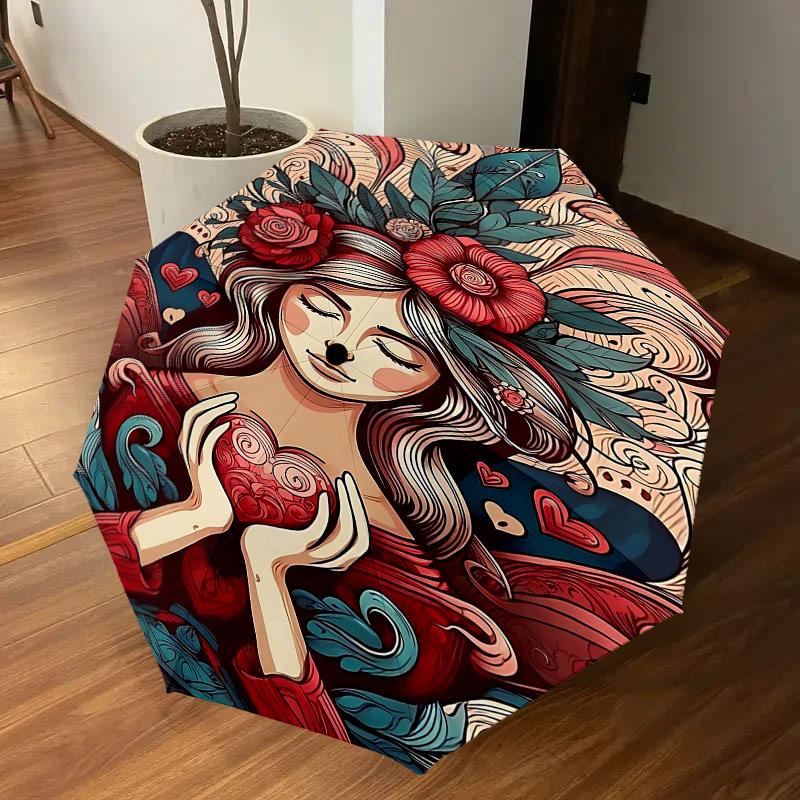 1pc Heart Love Automatic Open/Close Umbrella Compact Folding Umbrella with 8-Rib Shaft for Women/Men, Elegant Birthday1227S