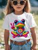 Children Crew Neck Short Sleeve T-Shirt with Colorful Frog Gesturing Yeah Print