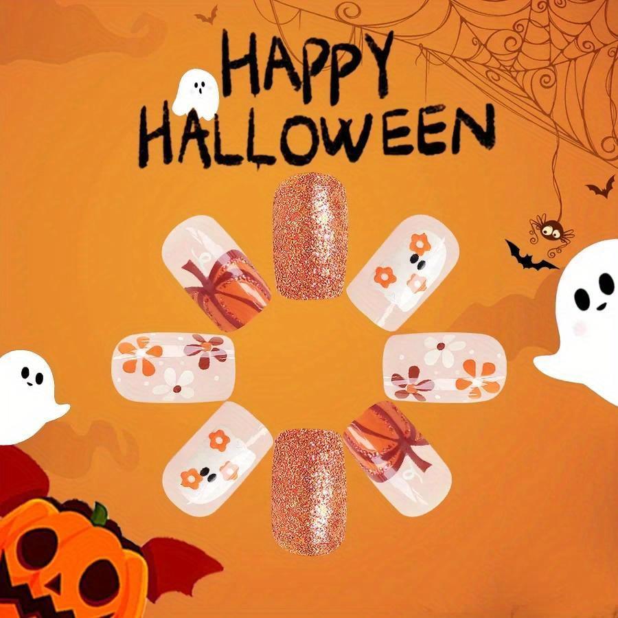 24pcs Cute Ghost&Pumpkin Halloween Press-On Nails-Glossy Short Square Fake Nails with Festive Designs False Nail for Women/Girls