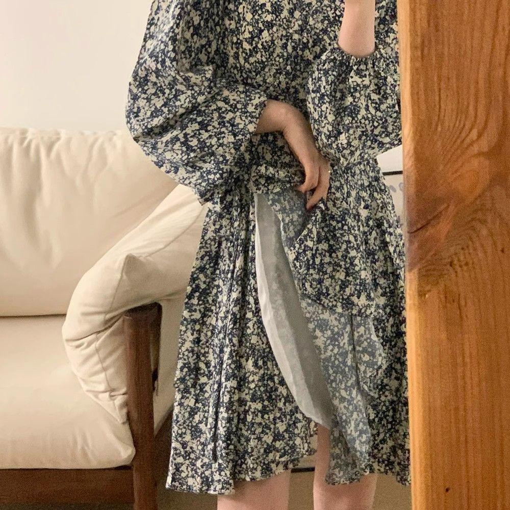Women's Slimming Long Sleeve Floral A-line Dress - French Style, Spring/Autumn