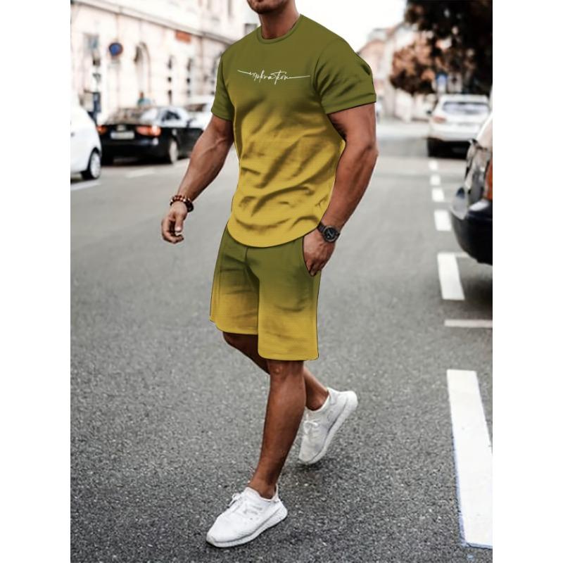 Men s Breathable Casual Sports Set, Outdoor T-shirt & Knee-length Shorts Set, Summer 3D S
