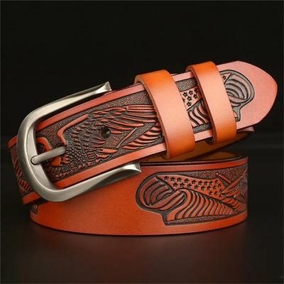 Men's New Real Cowhide Belt Eagle Carved Cowhide Belt Personality Casual Pin Buckle Casual Trouser Belt Men