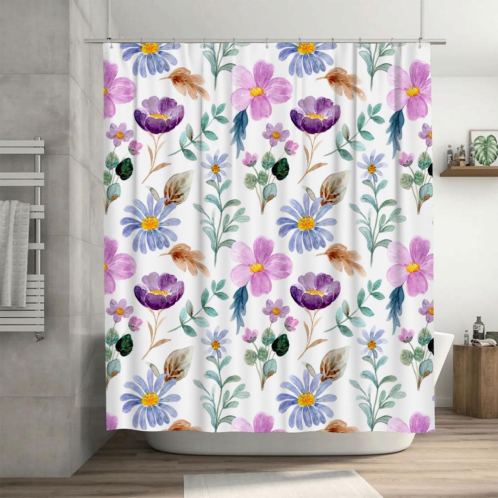 Delightful Floral Shower Curtain Bathroom Decor With Purple Blue Flowers Waterproof Fabric – Perfect Addition For Your Bathtub (