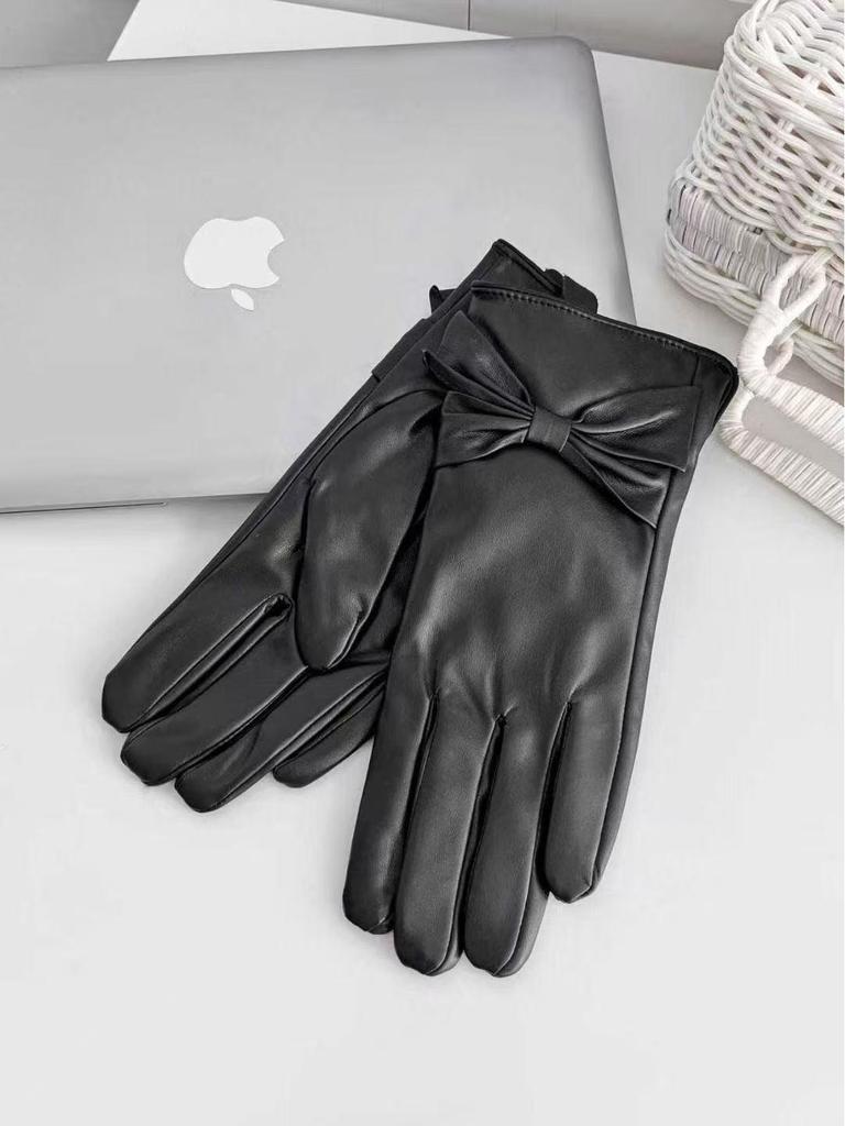 Women's Winter Fleece-Lined Leather Gloves with Bow Decoration - Warm, Cold-Proof Outdoor Cycling Gloves