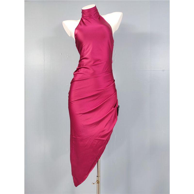 

Export Single Lu Home Sexy Sexy Stand Collar High Texture Smooth Fabric Open Back Asymmetrical Fashion All-Match Dress Fuchsia XS