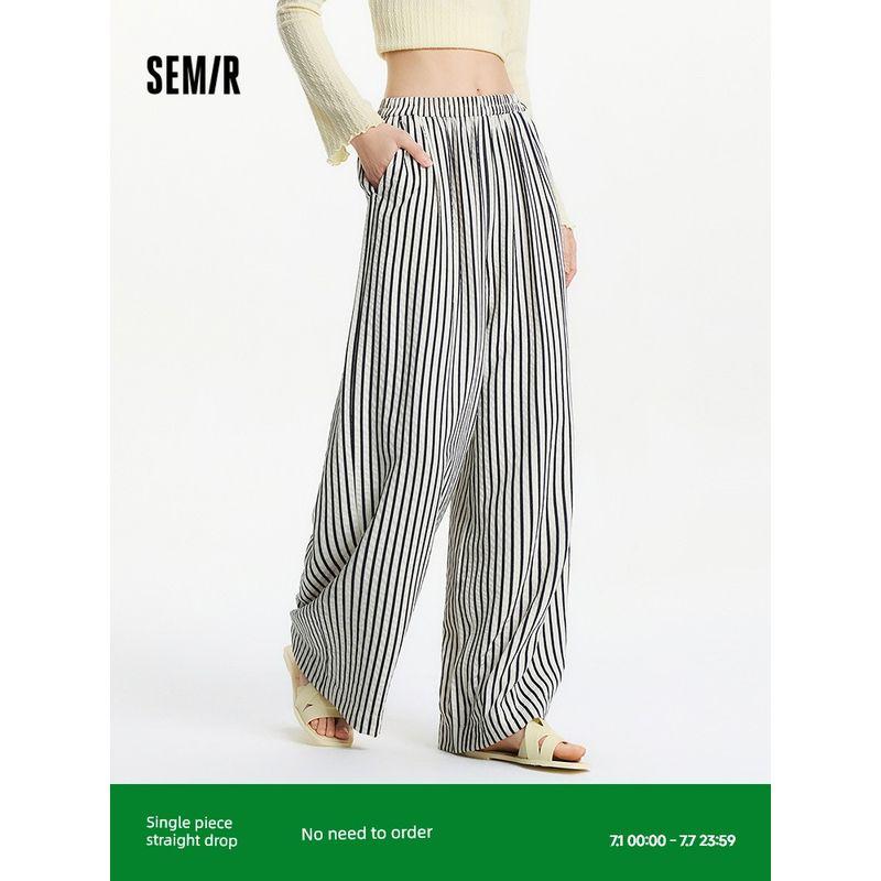 

Senma Casual Pants Women s Elastic Waist Walking Pants Elegant Lazy Pants 2025 Summer New Arrival Striped Wide-Leg Pants White Blue Tone 00318 150/58A/XS