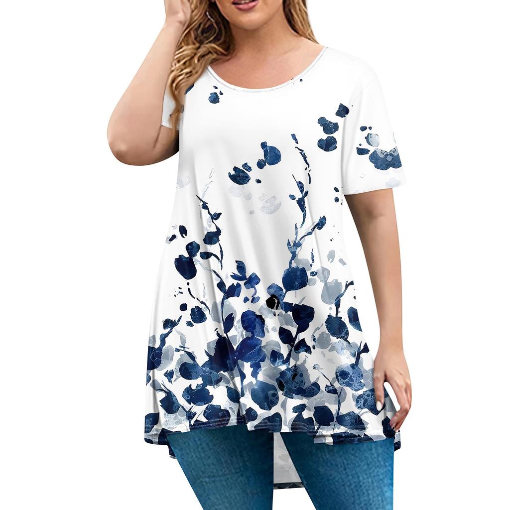 Damenmode Große Größe Rundhals Kurzarm Casual Print Lose Pullover Top