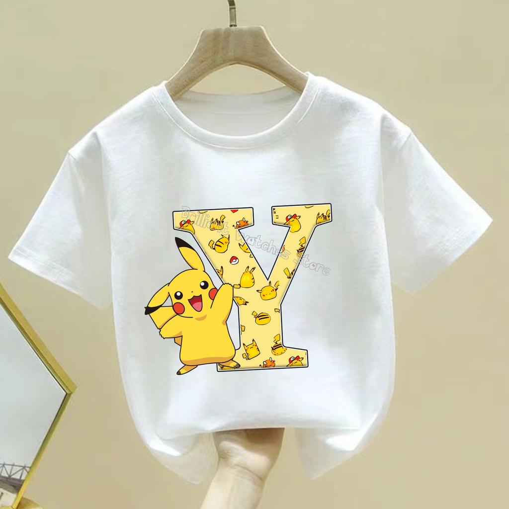 Pokemon Pikachu T-shirt Children A-Z Letter White Clothes Round Collar Clothing Kids Short Sleeve Cartoon Partern Summer Tee Top