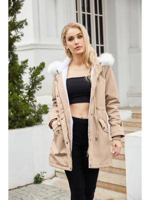 Hooded Collar Parkers Coat Lamb Wool Cotton Zipper Coat Medium Long Winter Season Warm and Fluffy Coat with Cotton Jacket