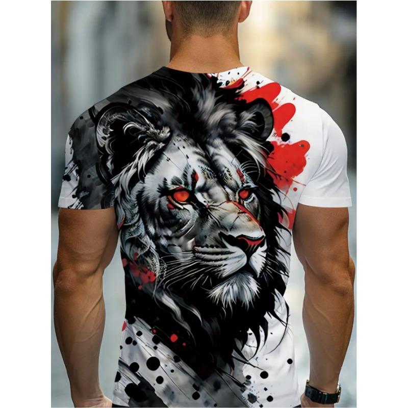 Men's Abstract Ink Lion 3D Printed T-Shirt Cool Red Eyes Animal Graphic Tee Casual White Short Sleeve Crewneck Top Hip Hop Streetwear Summer Clothing