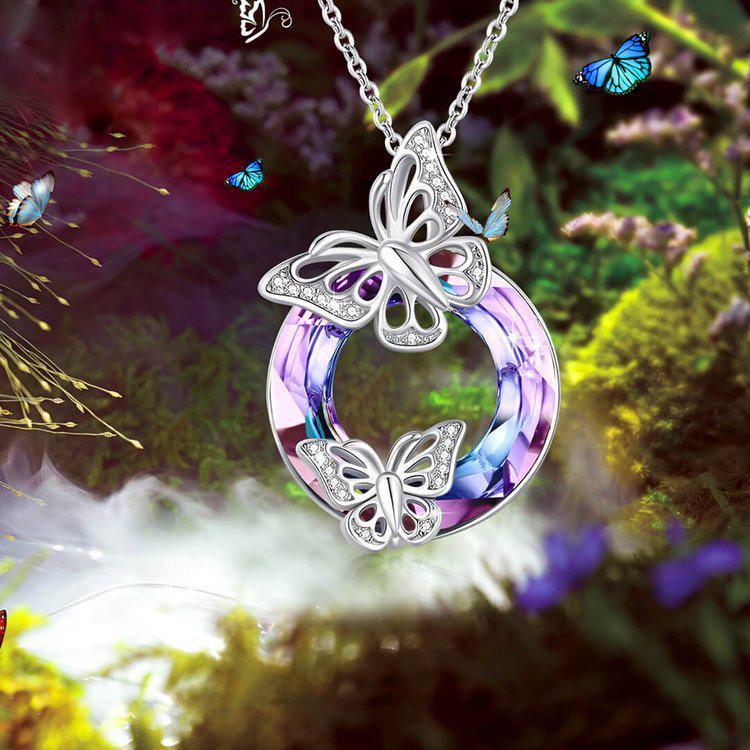 Iridescent Crystal Butterfly S925 Sterling Silver Luxury Necklace for Women - European & American Style Clavicle Chain 925 Silver платиновый/фиолетовый
