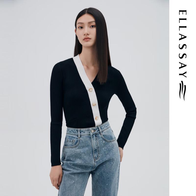 

ELLASSAY Women s Lambswool Color Block Oblique Button V-Neck Slim Knit Sweater S