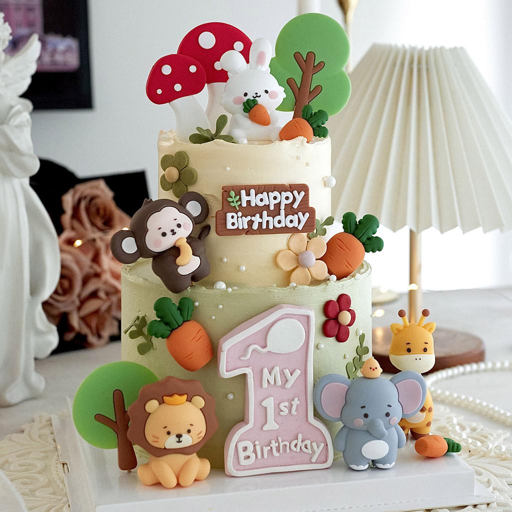 Roztomilá dekorace na dort s džunglovými zvířátky Wild One Dekorace na dort Safari zvířátka Dekorace na dort Žirafa Slon Lev Opice