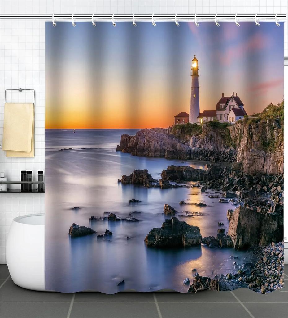 Seascape Wall Decor Portland Head Lighthouse Shower Curtain Landscape Artwork Tropical Ocean Art Curtain For Bathroom With Hooks