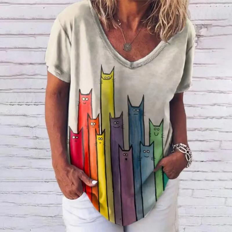 Summer V-neck 3D Cute Cat Printed Top Fashionable Casual Short Sleeved Women's T-shirts