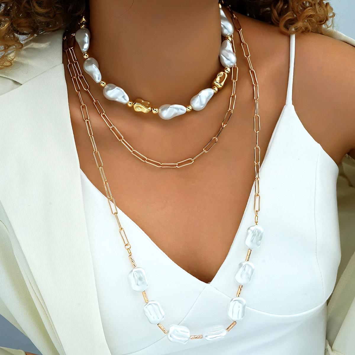 3Pcs Gold Color Baroque Pearl Layered Necklace Set For Women Irregular Pearl Paperclip Chain Chokers Long Y-Necklace Jewelry New