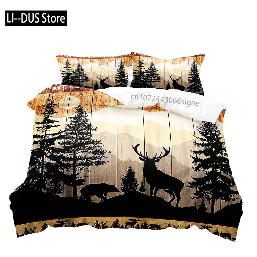 Farmhouse Bedding Sets Deer Elk Moose Mountain Woodland Animals Duvet Cover, Rustic Bedroom Decor, 2 Pillowcases Bedroom Decor