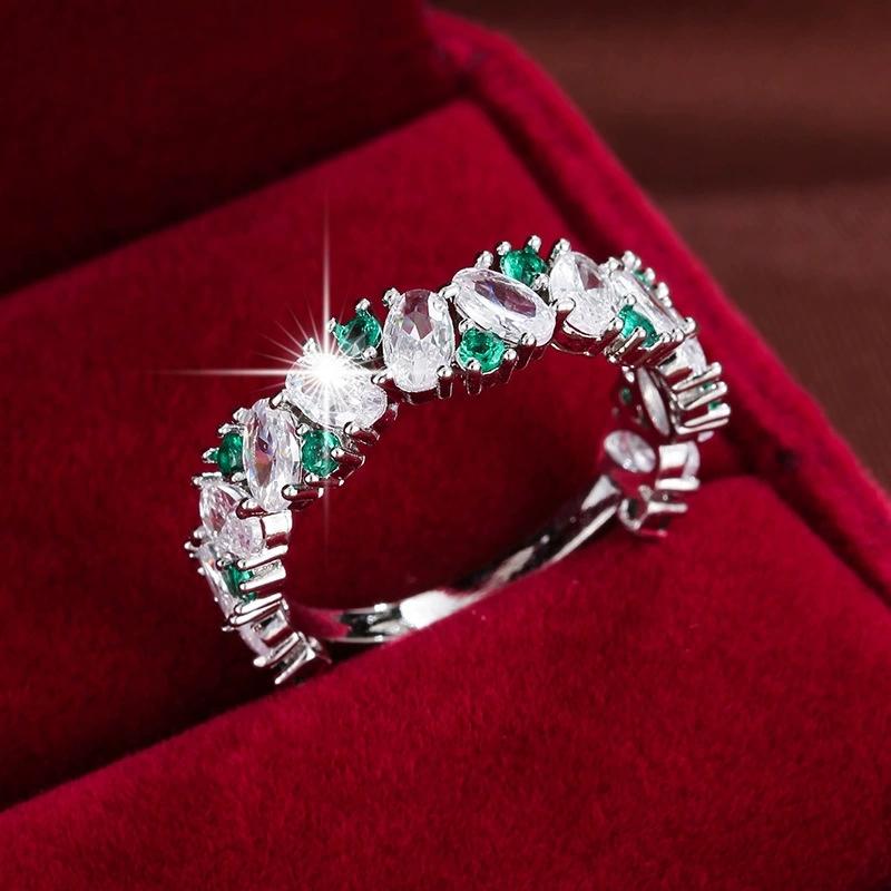 Vintage Rainbow Oval Round Green White Zircon Rings For Women Gold CopperColor Bridal Wedding Bands Engagement Party Jewelry