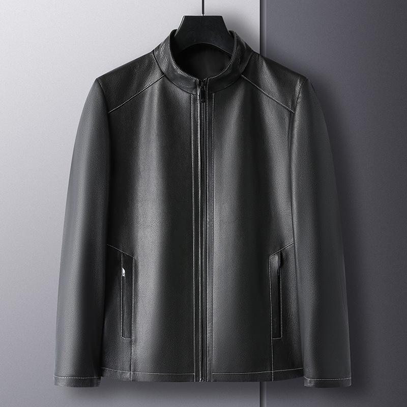 

Кожаная куртка мужская из овчины, деловая, повседневная, воротник-стойка, на молнии, для папы среднего возраста, осенняя кожаная куртка 195 чёрный