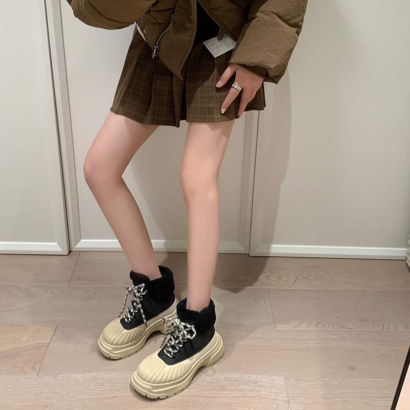 Krazing Pot Cow Leather Wool Blend Winter Round Toe Platform Snow Boots Lace Up Design Women Keep Warm Ankle Boots