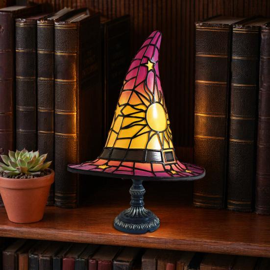 Stained Glass Witch Hat Lamp, USB Powered Night Light for Bedroom Shelf Decor, Halloween Warm Glow Gothic Table Lamp for Home