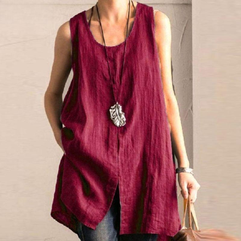 Summer Cotton Linen Blouse Round Neck Loose Fitting Spliced Pullover Solid Color Vest Shirts Women’s
