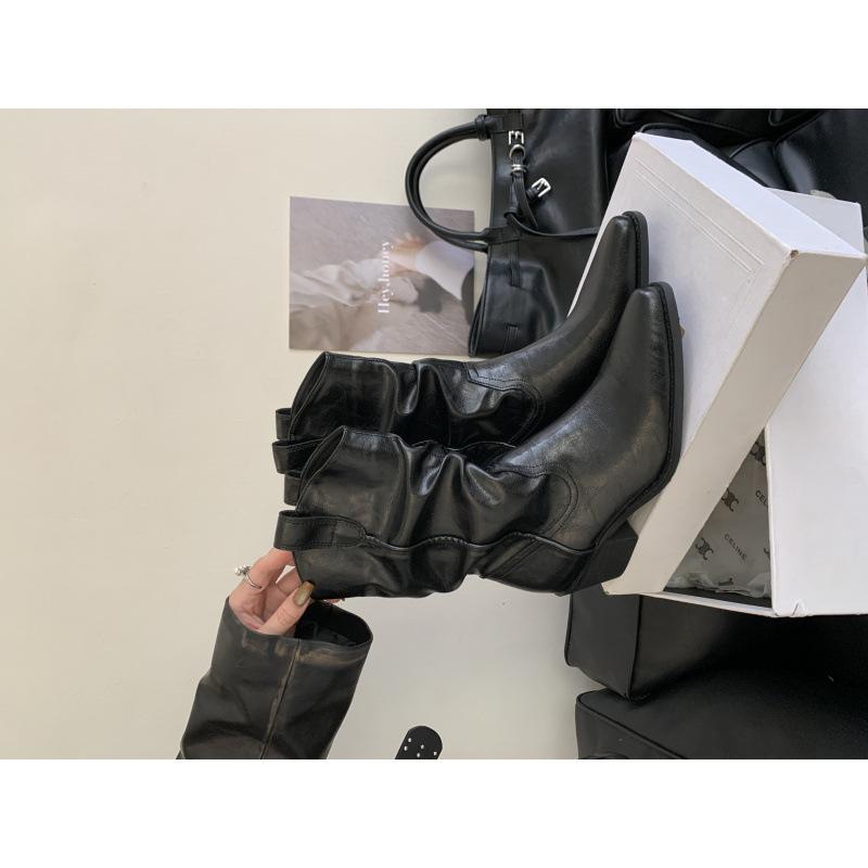 High-heeled boots retro stacking boots V-mouth Martin boots women's shoes 2025 autumn and winter new brown pointed short boots