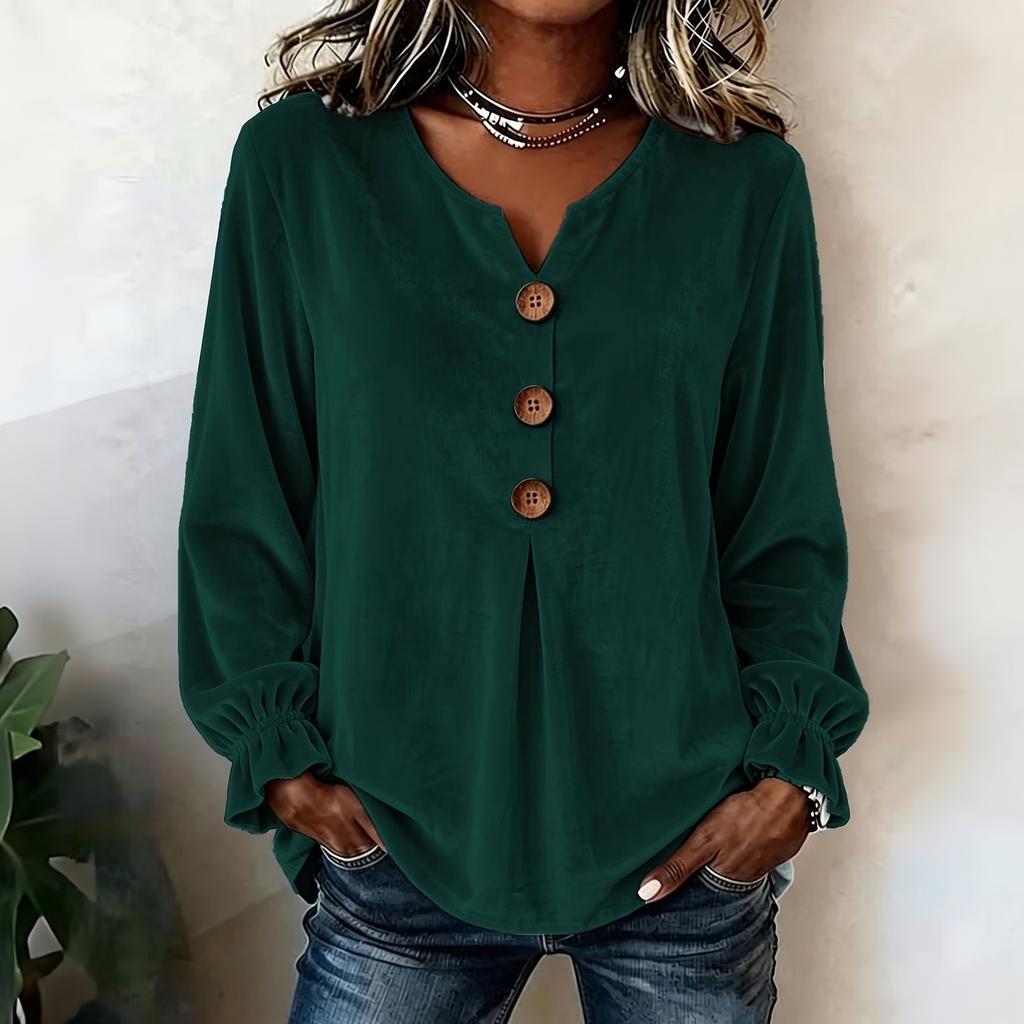 Women's V-Neck Velvet Long Sleeve Button Down Blouse Top for Work or Evening Out