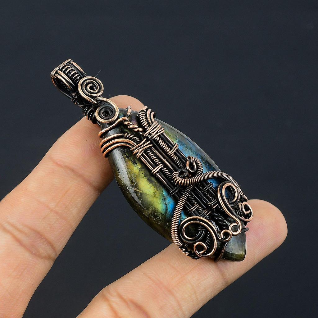 Labradorite Pendant, Handmade Gemstone 999 Copper Wire Wrapped Pendant Antique Jewelry, For Gift Silver Jewelry