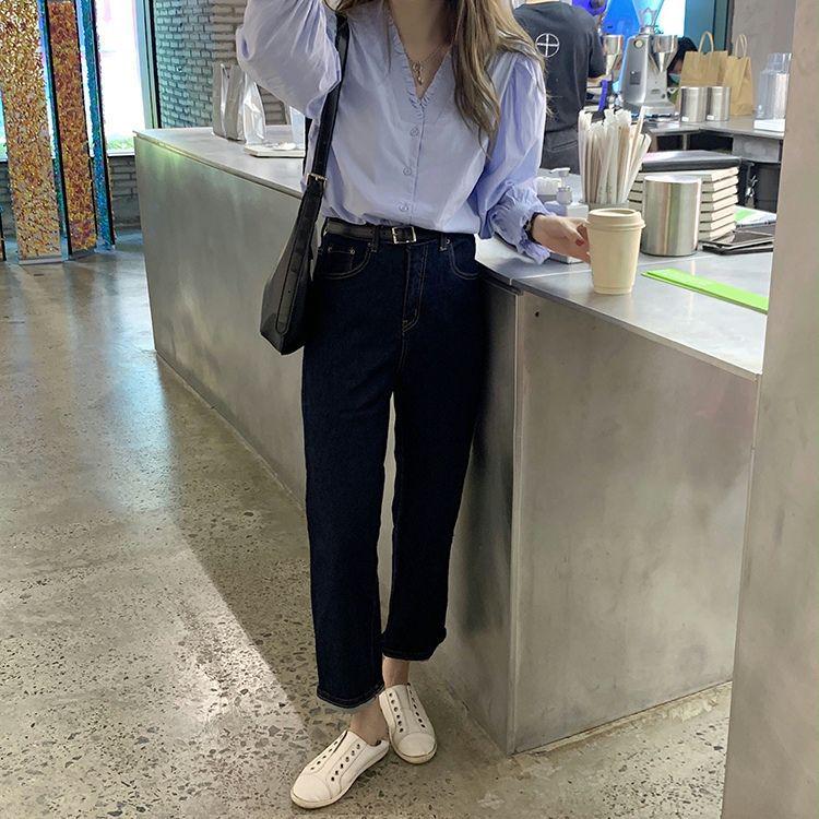 Women's French V-Neck Ruffled Puff Sleeve Shirt - Spring/Autumn Korean Chic