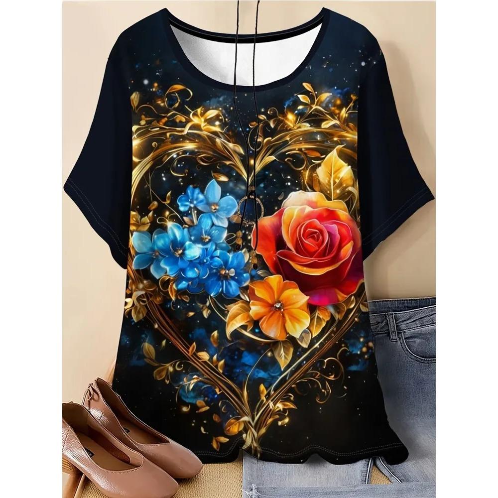 Retro Flower 3D Printed Short Sleeved T-shirt Fashionable Comfortable Soft Breathable Large Loose Womens T-shirt