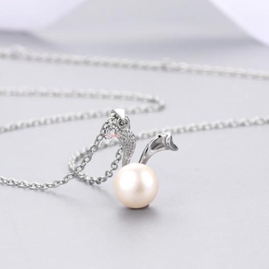 C-Girls Pearl Shop Natural Freshwater Pearl 7.5mm White Cute Rabbit Necklace Pendant with 5A Grade CZ Diamond (2 Colors) Perfect for Parties, Gifts,