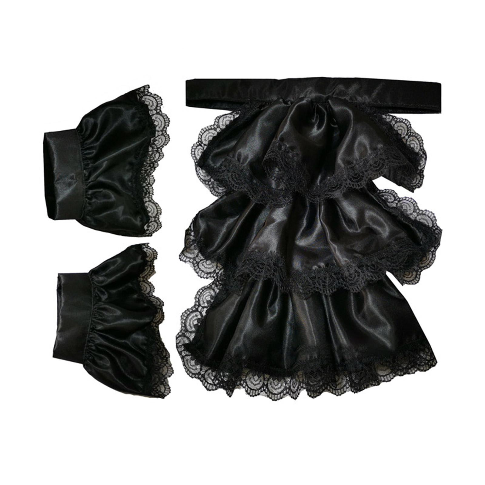 Koloniales Jabot-Set Spitzenbesatz Rüschen Satin Krawattenkragen mit Manschettensatz Kostümzubehör für Männer Frauen Kinder 3 black