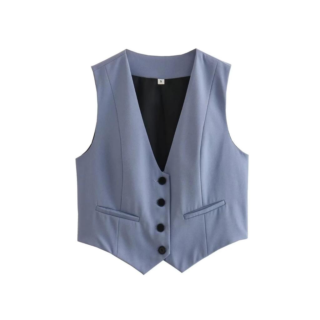 FiveFive Vest Women Cropped Waistcoat Fashion Front Buttons Tops Vintage V Neck Sleeveless Female Outerwear White Chic Vests