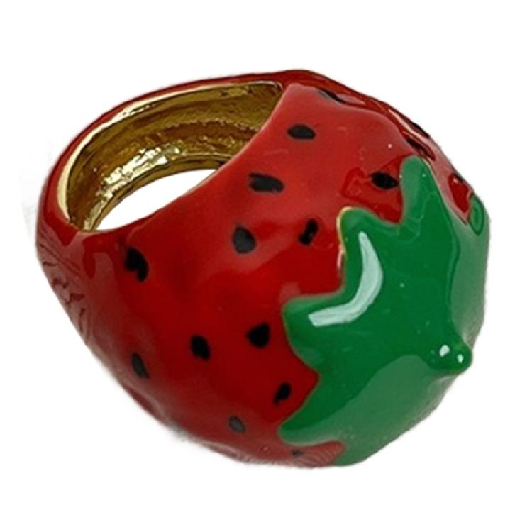Elegant Enamel Dripping Oil Strawberry/Apples Ring Fashion Handmade Finger Accessory Party Wear Ring Festival Jewelry