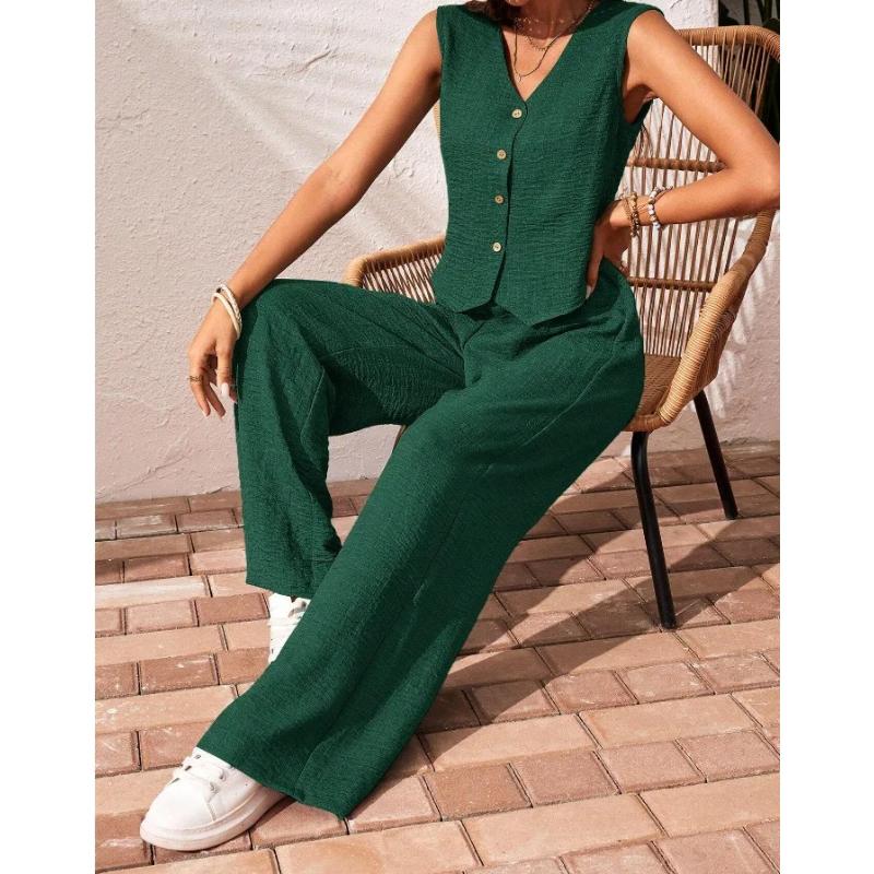 Summer Cotton Linen Women V-Neck Vest Front Button Vest Trousers Casual Suit Women Short Vest Top + Pants Two Peice Set