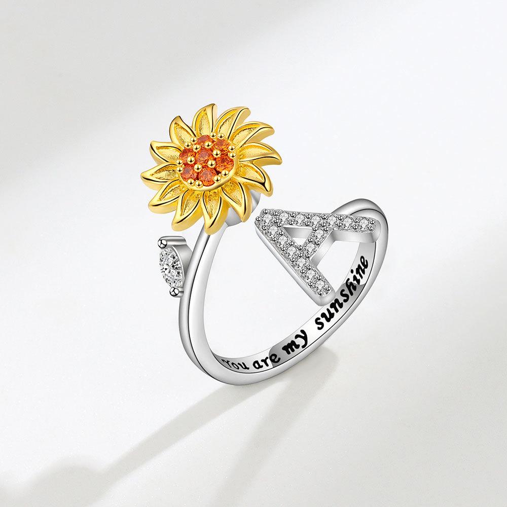 Creative Sunflower Rotating Ring 26 Letters Adjustable Open Design Women's Fashion Finger Jewelry Daily Wear & Gift Accessories