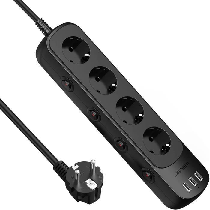 Multiprise - Jsver - 4 Prises - 3 Ports USB - Interrupteurs Individuels - Parafoudre