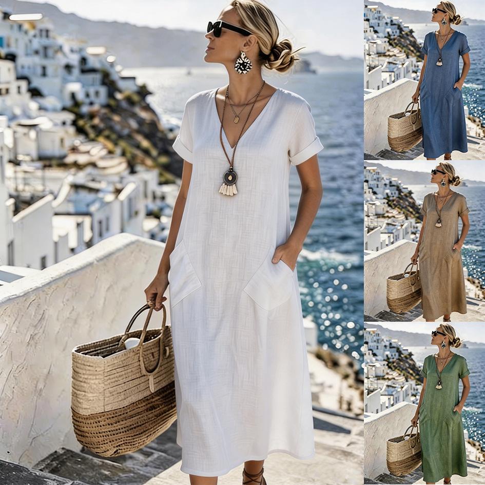 Amazon 2026 Temperament Short-sleeved V-neck Pocket Pendulum Loose Casual Vacation Style Long Dress
