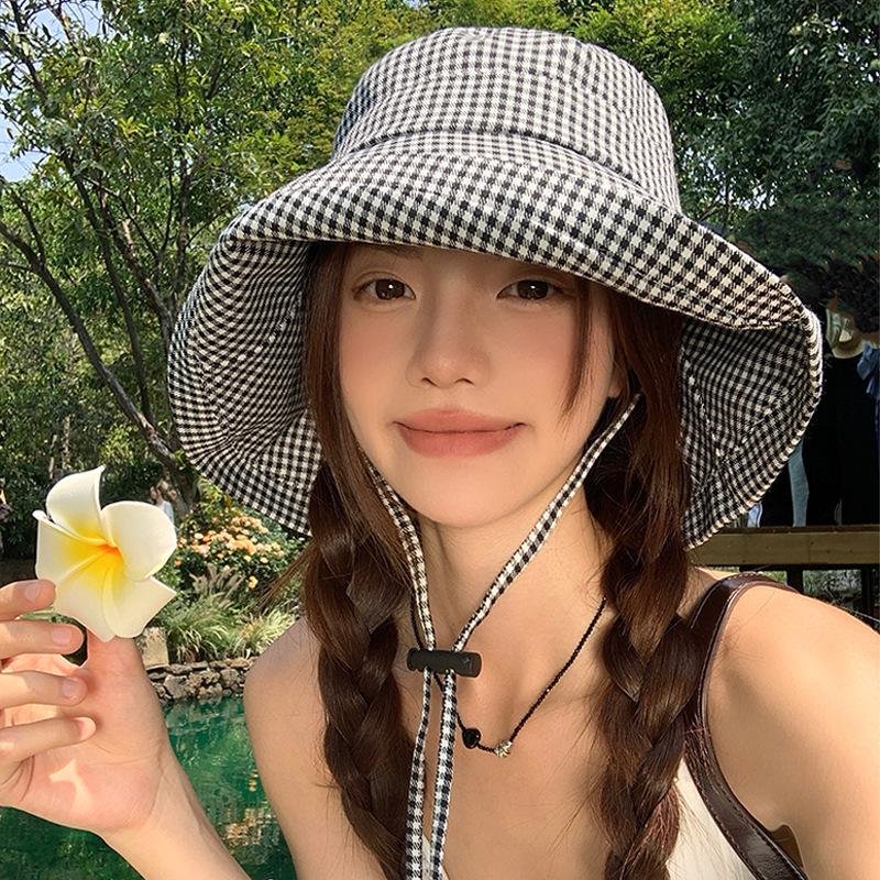 Women's Korean Style Plaid Fisherman Hat - Large Brim, UV Protection, Foldable for Spring & Summer
