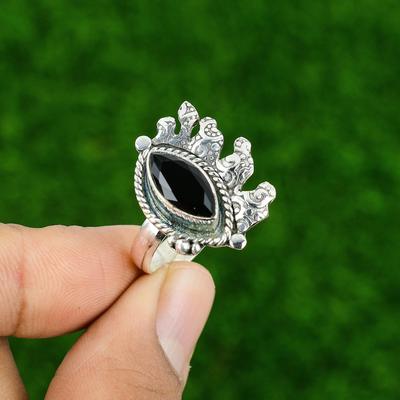 Geschenk für Frauen Stapelbarer Verstellbarer Ring 925 Silber Natürlicher Schwarzer Onyx Edelstein