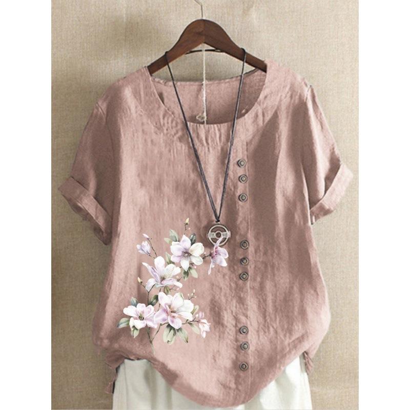 Autumn Vintage Cotton and Linen Printed Loose Casual Shirt with Short Sleeves for Women