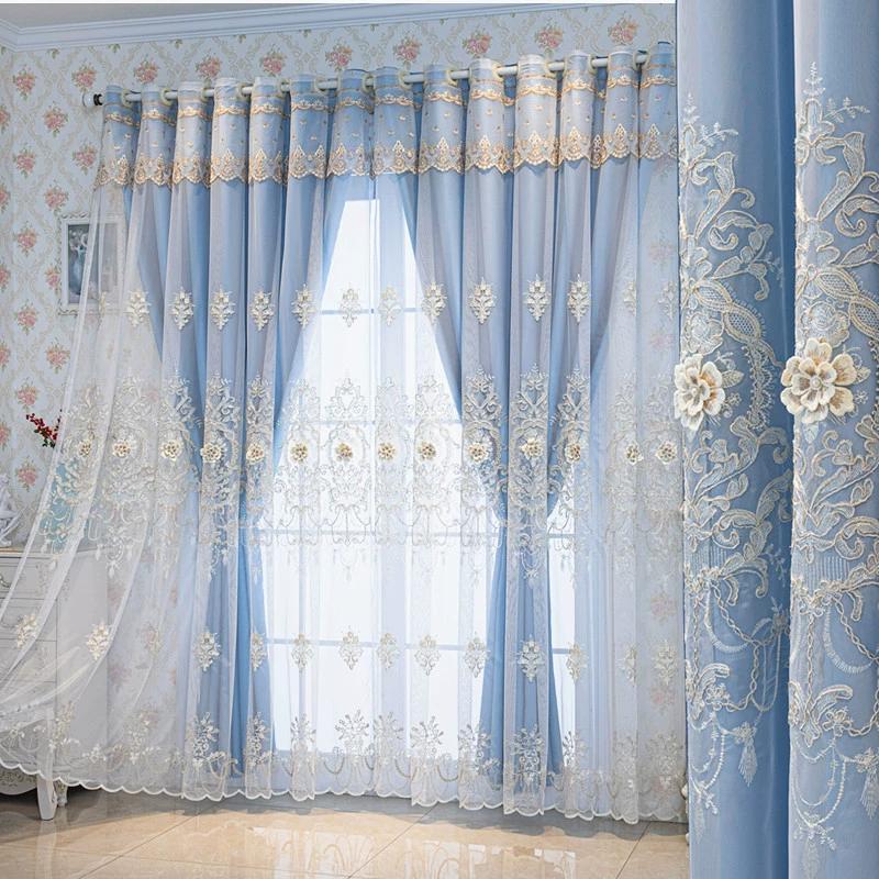 Dubbellaags Geborduurde Verduisteringsgordijn Combinatie van Transparant en Decoratief Gordijn Elegante Decoratie voor Slaapkamer Woonkamer 1pc W132xL183 cm&Rod pocket blauw