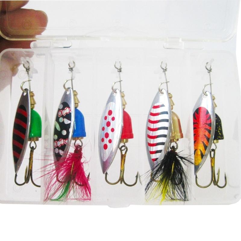 5Pcs Steel Treble Hook Spinner Baits Sequins Lures Set Spoon Fishing Spinner Swimbaits Set for Saltwater and Saltwater