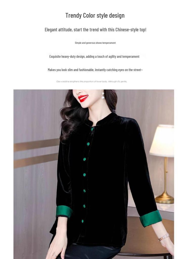 Damenmantel aus schwarzem Samt - Neuer chinesischer Stil Frühling/Herbst Lockerer Cardigan