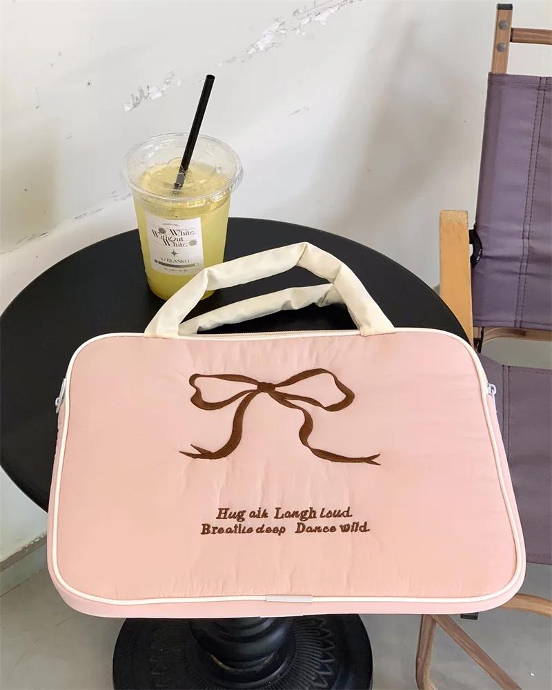 Cute Embroidered Bow Laptop Sleeve Handbags For Macbook Air Pro 11 13 14 15.6 Inch Cover For Ipad Pro 11 12.9 2026 Tablet Pouch