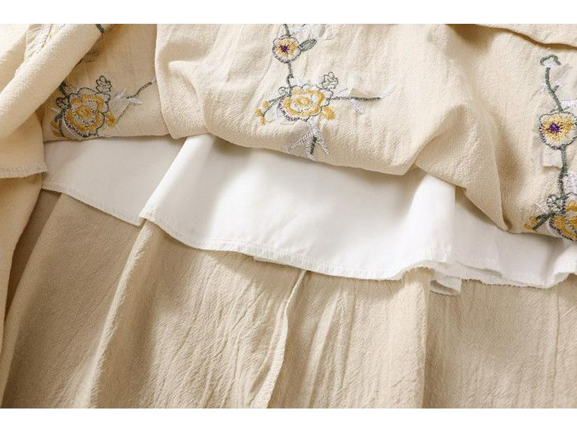 Embroidered Cotton Linen A-line Skirt - High Waist, Wide Hem, Casual Fit