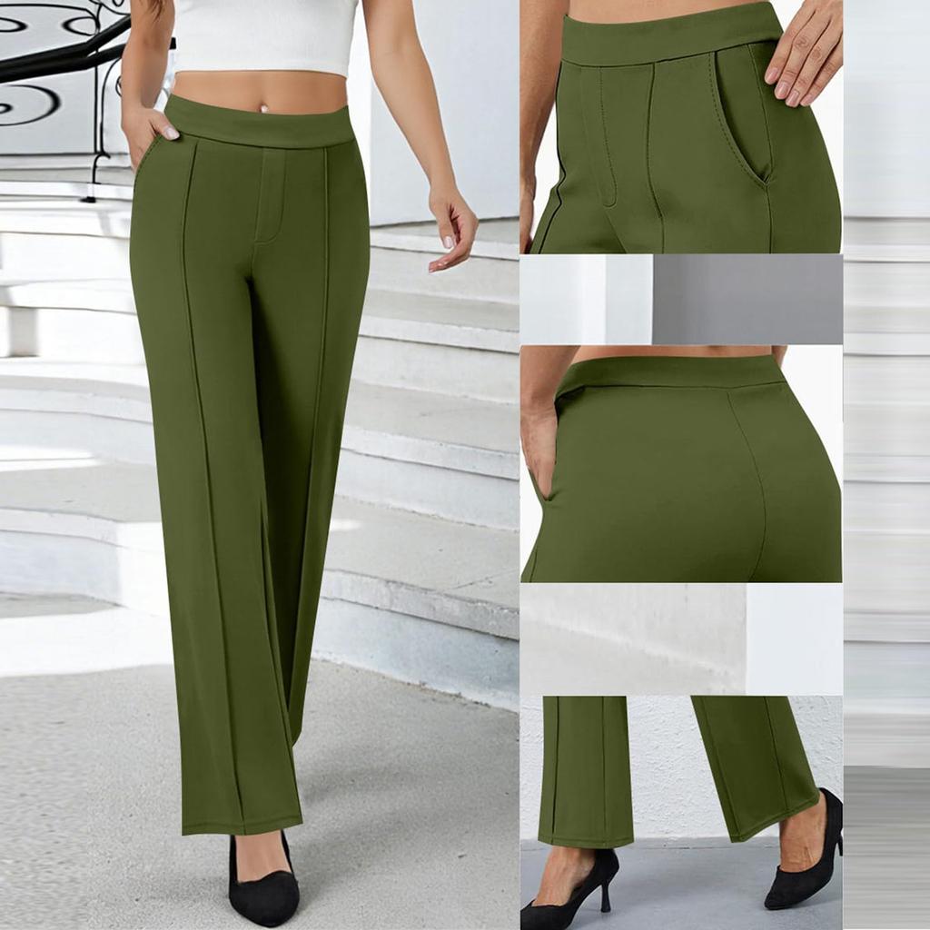 Pantaloni da Donna Elasticizzati a Vita Alta Vestibilità Casual Gamba Larga Lunghi Pantaloni con Tasche